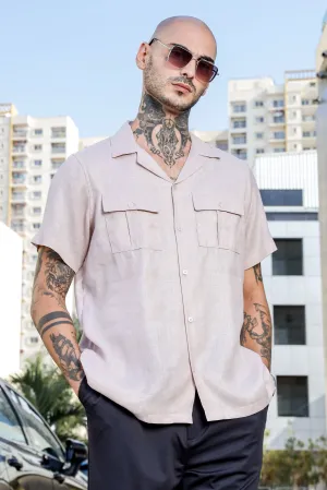Linen Blend Pink Cuban Collar Classic Relaxed Fit  Shirt