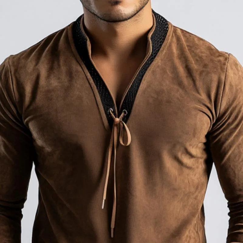 Men's  Casual Stitching Leather Stand Collar Drawstring Suede Long Sleeve POLO Shirt 28379888K