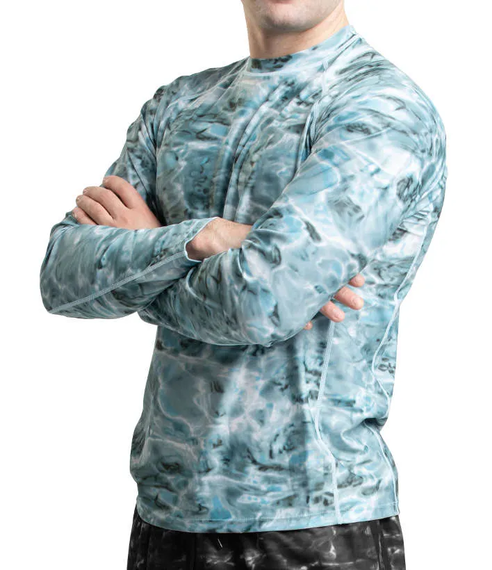 Mens Long Sleeve UV Rash Guard Camo Swim Shirt | Aqua Design