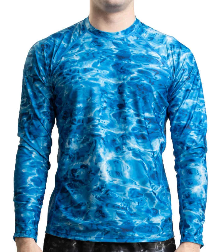 Mens Long Sleeve UV Rash Guard Camo Swim Shirt | Aqua Design
