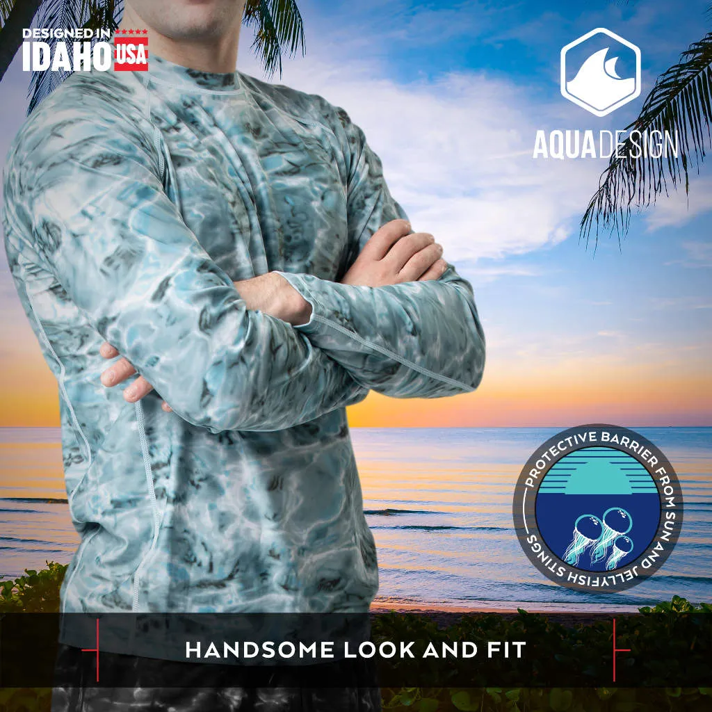 Mens Long Sleeve UV Rash Guard Camo Swim Shirt | Aqua Design