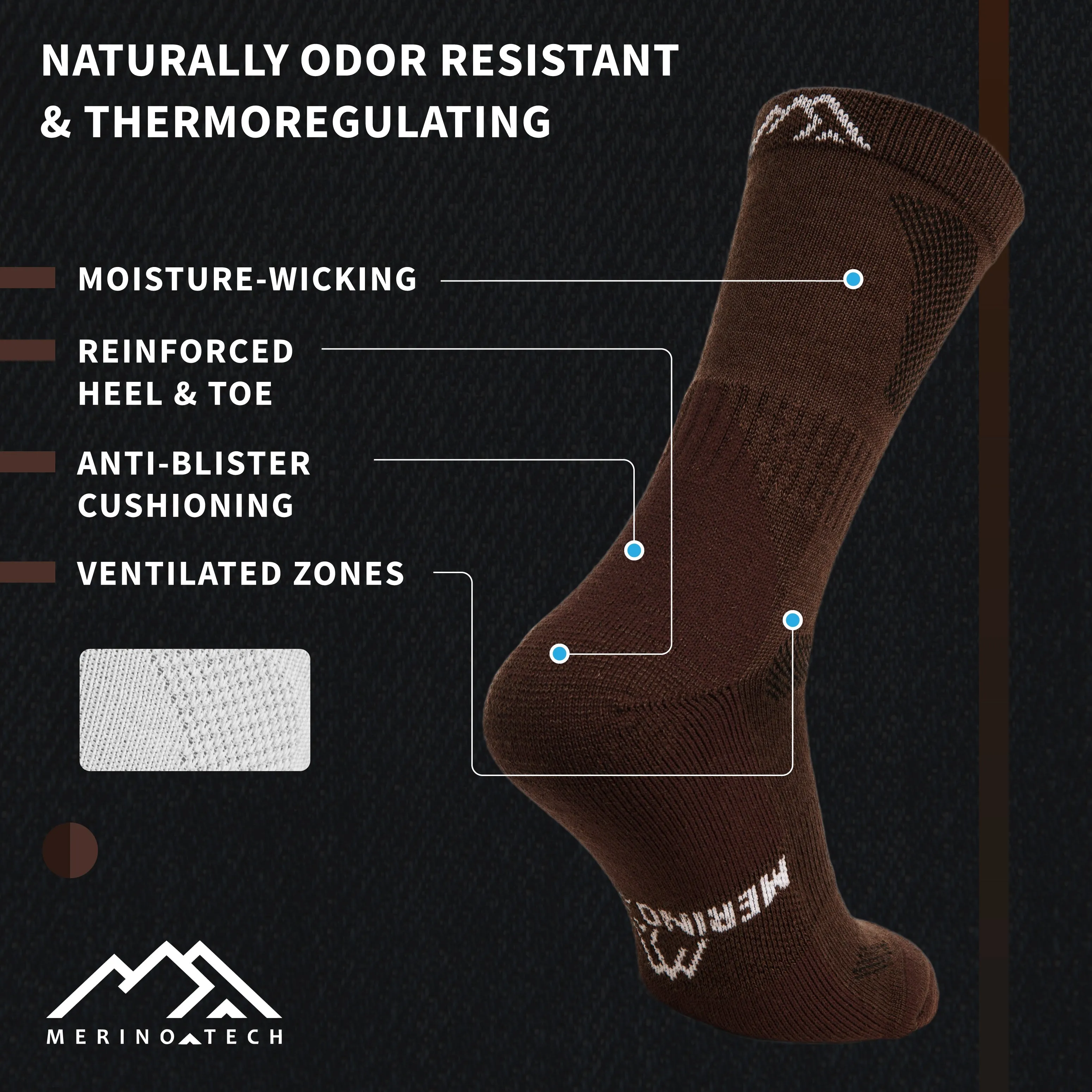 Merino Wool Hiking Socks - (Pack of 3) Brown