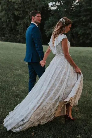 NumberSea A-line V Back Lace Cap Sleeves Beach Wedding Dresses, Bridal Gowns, MW841