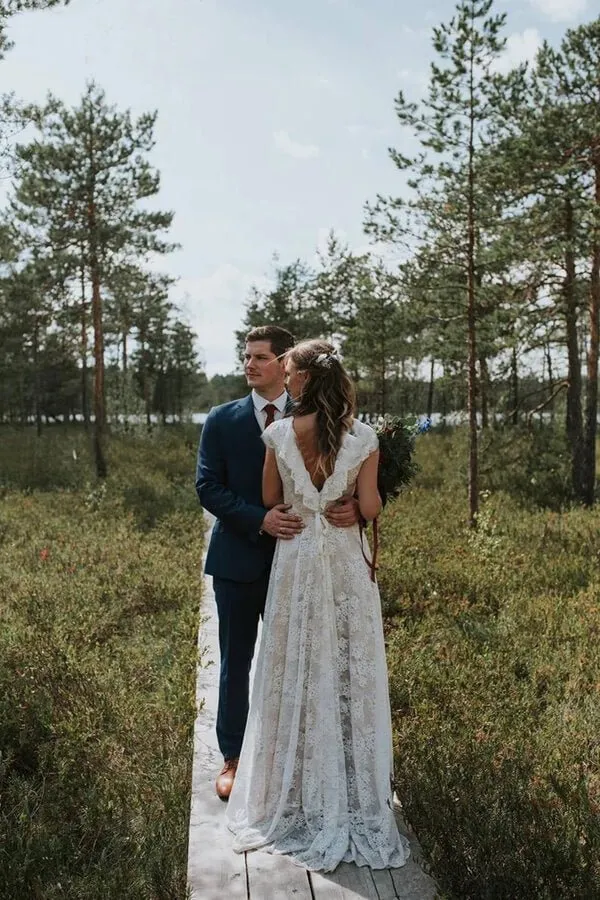 NumberSea A-line V Back Lace Cap Sleeves Beach Wedding Dresses, Bridal Gowns, MW841