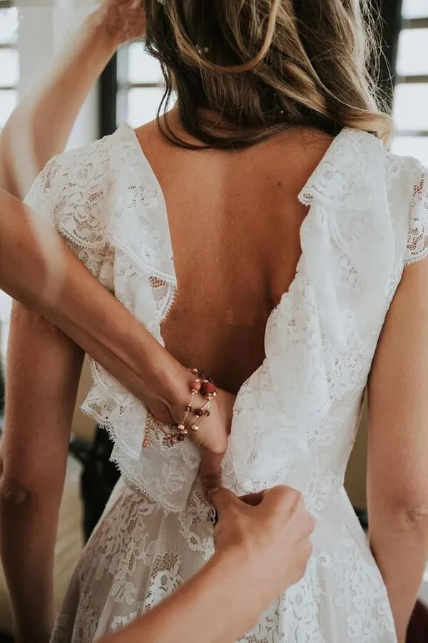 NumberSea A-line V Back Lace Cap Sleeves Beach Wedding Dresses, Bridal Gowns, MW841