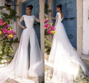 NumberSea Boho Beach Modest Long Sleeve Jumpsuits Wedding Dress With Detachable Train Lace Bohemian Wedding Dress Bridal Gowns