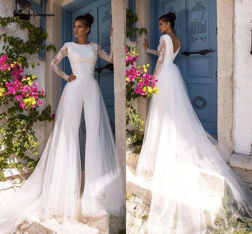 NumberSea Boho Beach Modest Long Sleeve Jumpsuits Wedding Dress With Detachable Train Lace Bohemian Wedding Dress Bridal Gowns