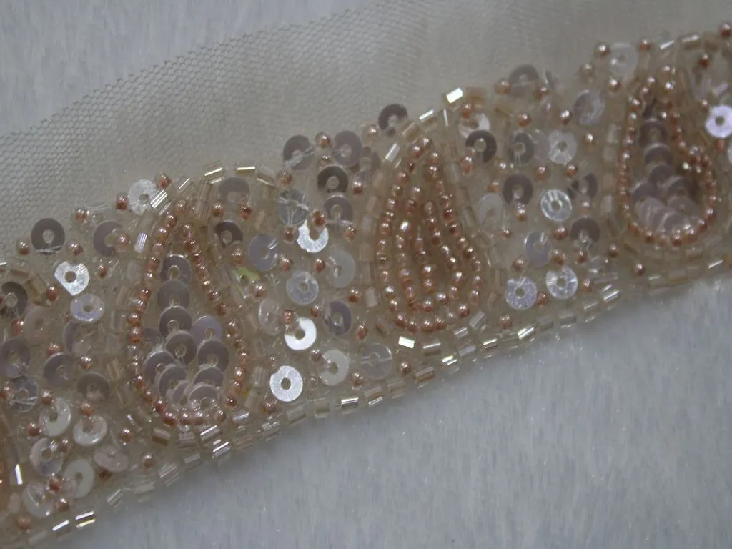 Off White Sequins and Cutdana Beads Work Embroidered Border