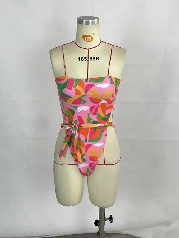 One-Piece Tube Belted Backless Swimwear in Tropical Print