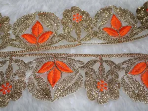 Orange Thread and Zari Work Embroidered Border