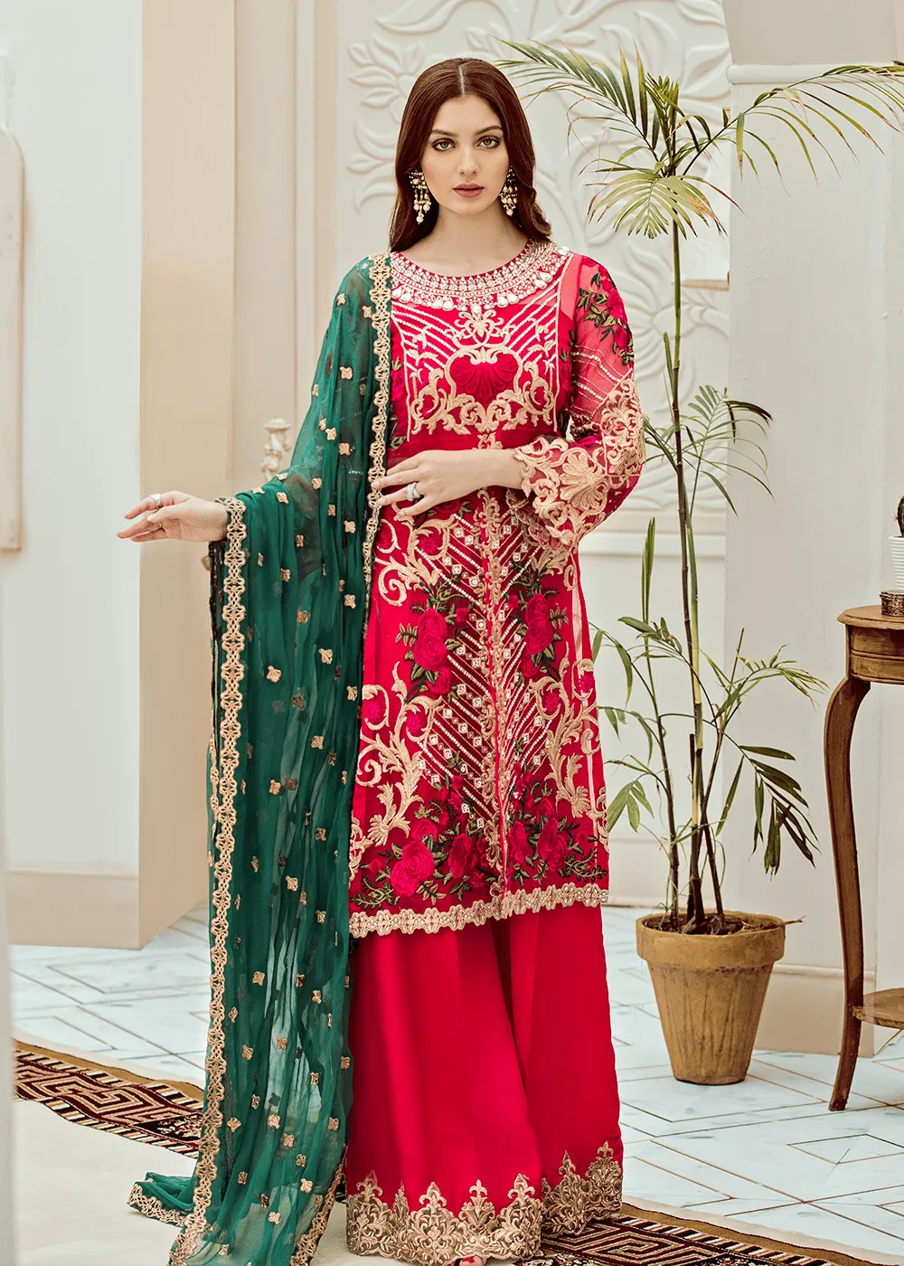 Pakistani embroidered fancy dress in hot pink color # P2279
