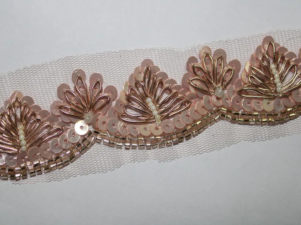 Pink Sequins and Beads Handwork Embellished Embroidered Border