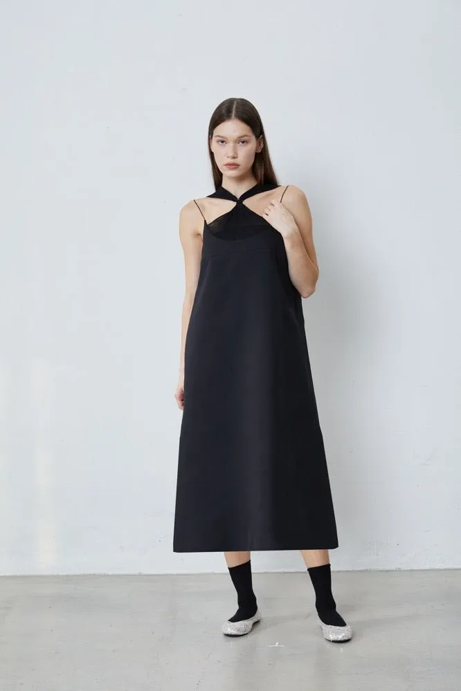 Pintucked Beaded Embroidered Dress in Black