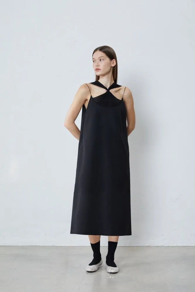 Pintucked Beaded Embroidered Dress in Black