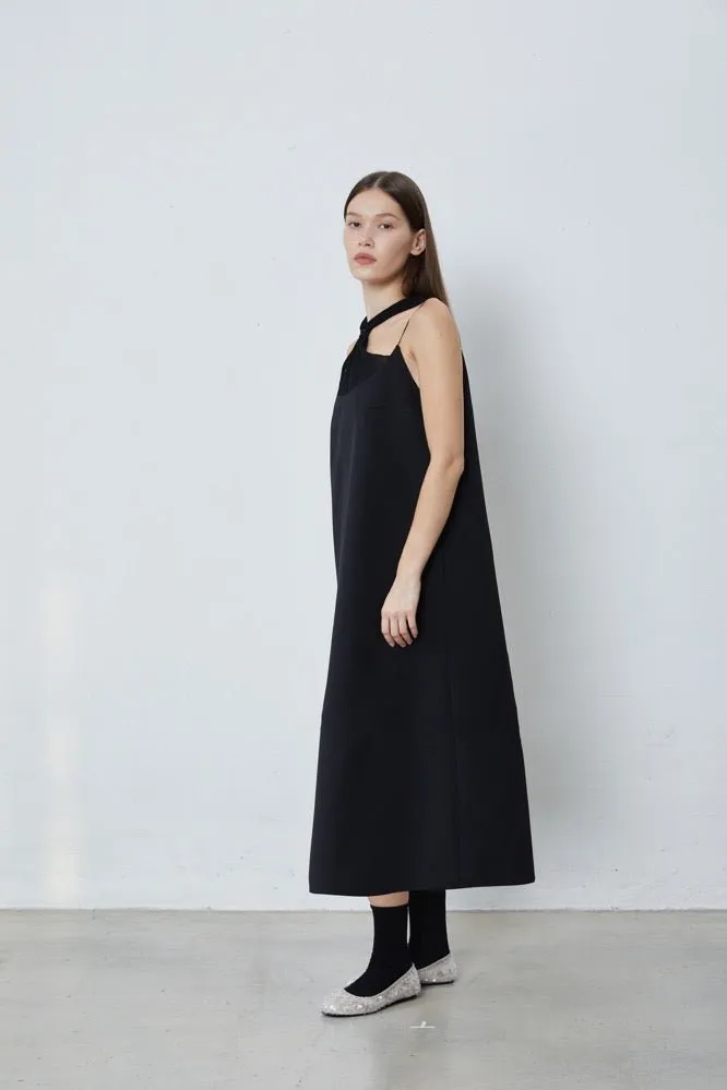 Pintucked Beaded Embroidered Dress in Black