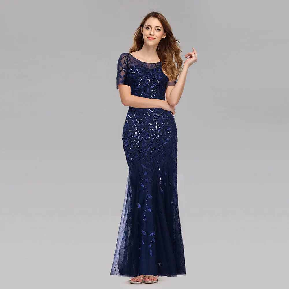 Priyanka Short Sleeves Mesh Sequined Evening