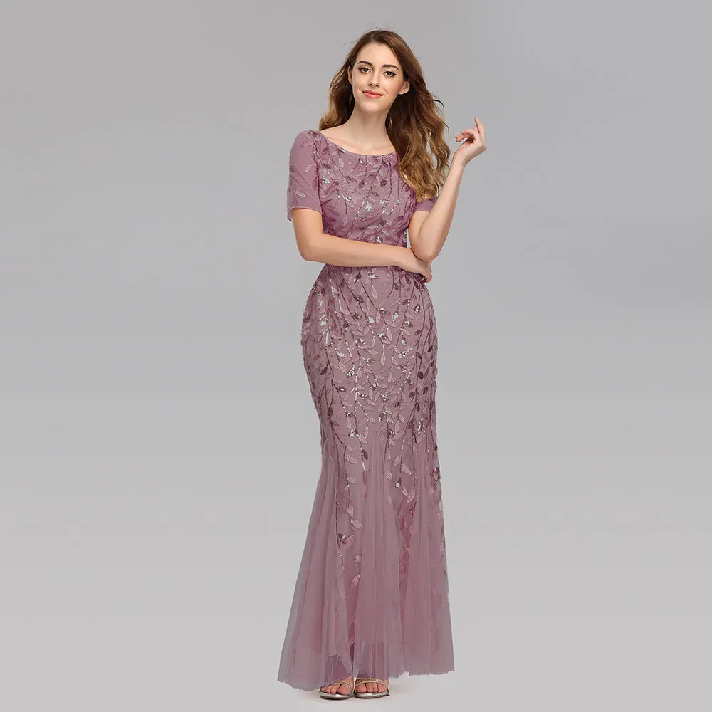 Priyanka Short Sleeves Mesh Sequined Evening