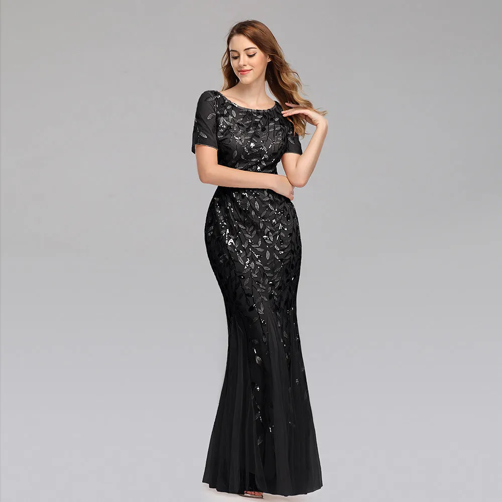 Priyanka Short Sleeves Mesh Sequined Evening