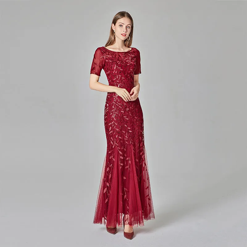 Priyanka Short Sleeves Mesh Sequined Evening