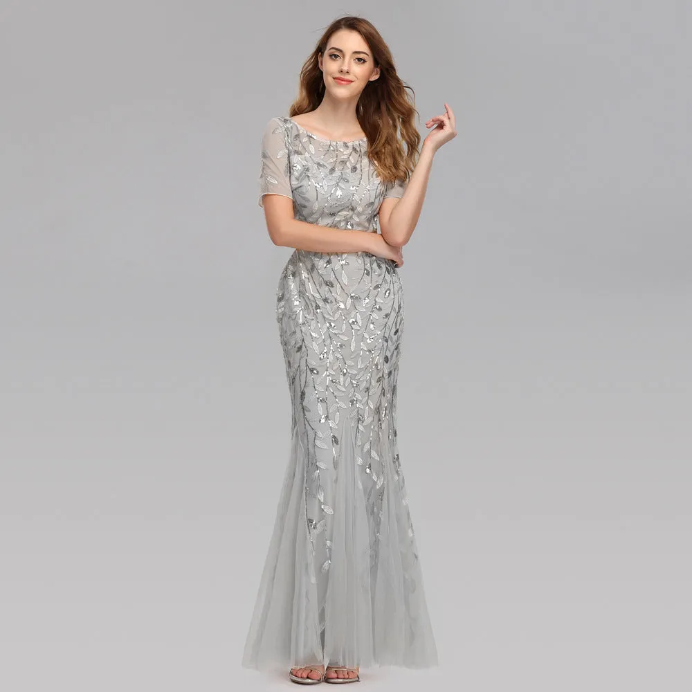 Priyanka Short Sleeves Mesh Sequined Evening