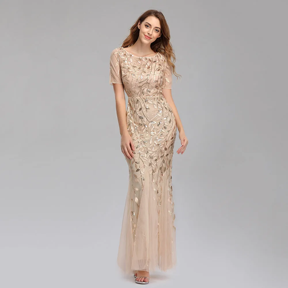 Priyanka Short Sleeves Mesh Sequined Evening