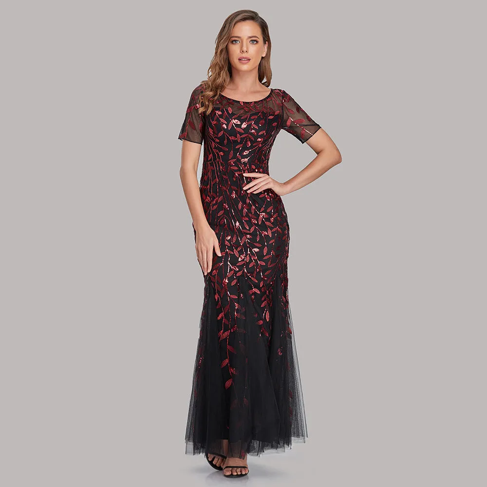 Priyanka Short Sleeves Mesh Sequined Evening