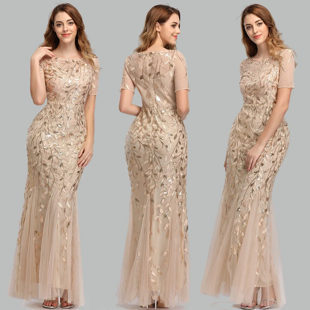 Priyanka Short Sleeves Mesh Sequined Evening