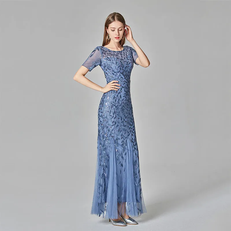 Priyanka Short Sleeves Mesh Sequined Evening