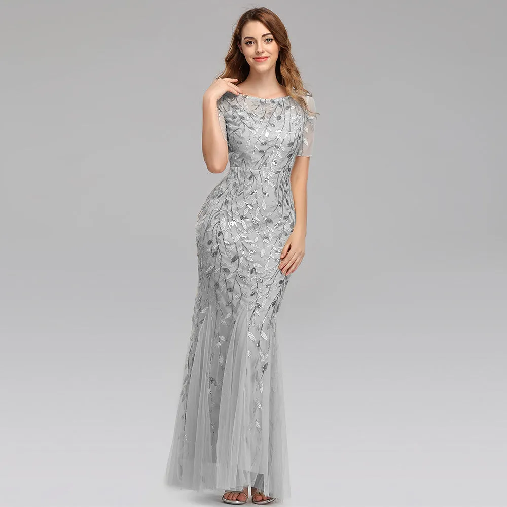 Priyanka Short Sleeves Mesh Sequined Evening