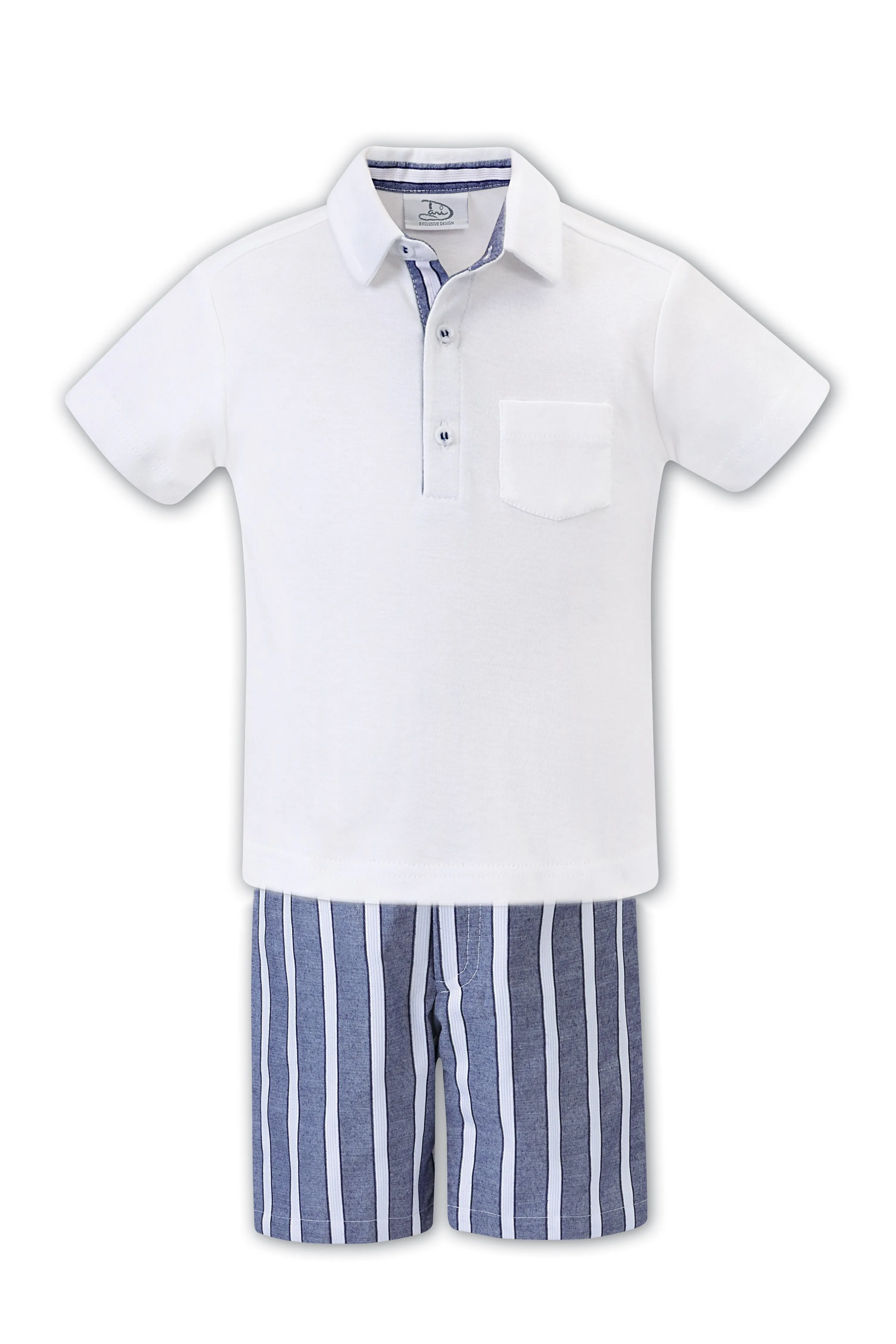 "Jacob" White & Navy Striped Shorts & Polo Shirt