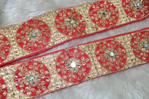Red Thread and Stone Work Embroidered Border