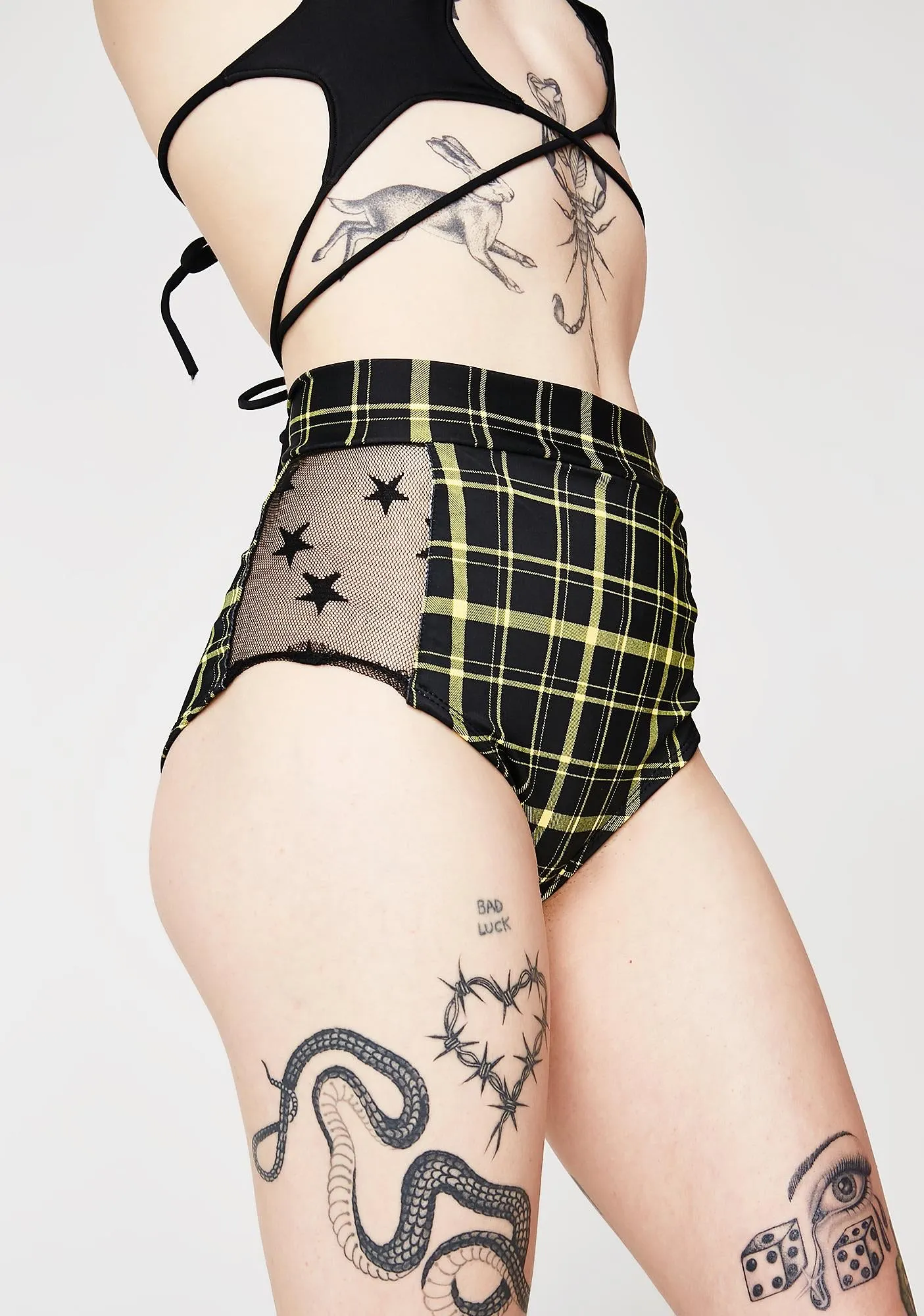 Retro Plaid Highwaist Mesh Panel Cheeky Shorts in Black and Yellow