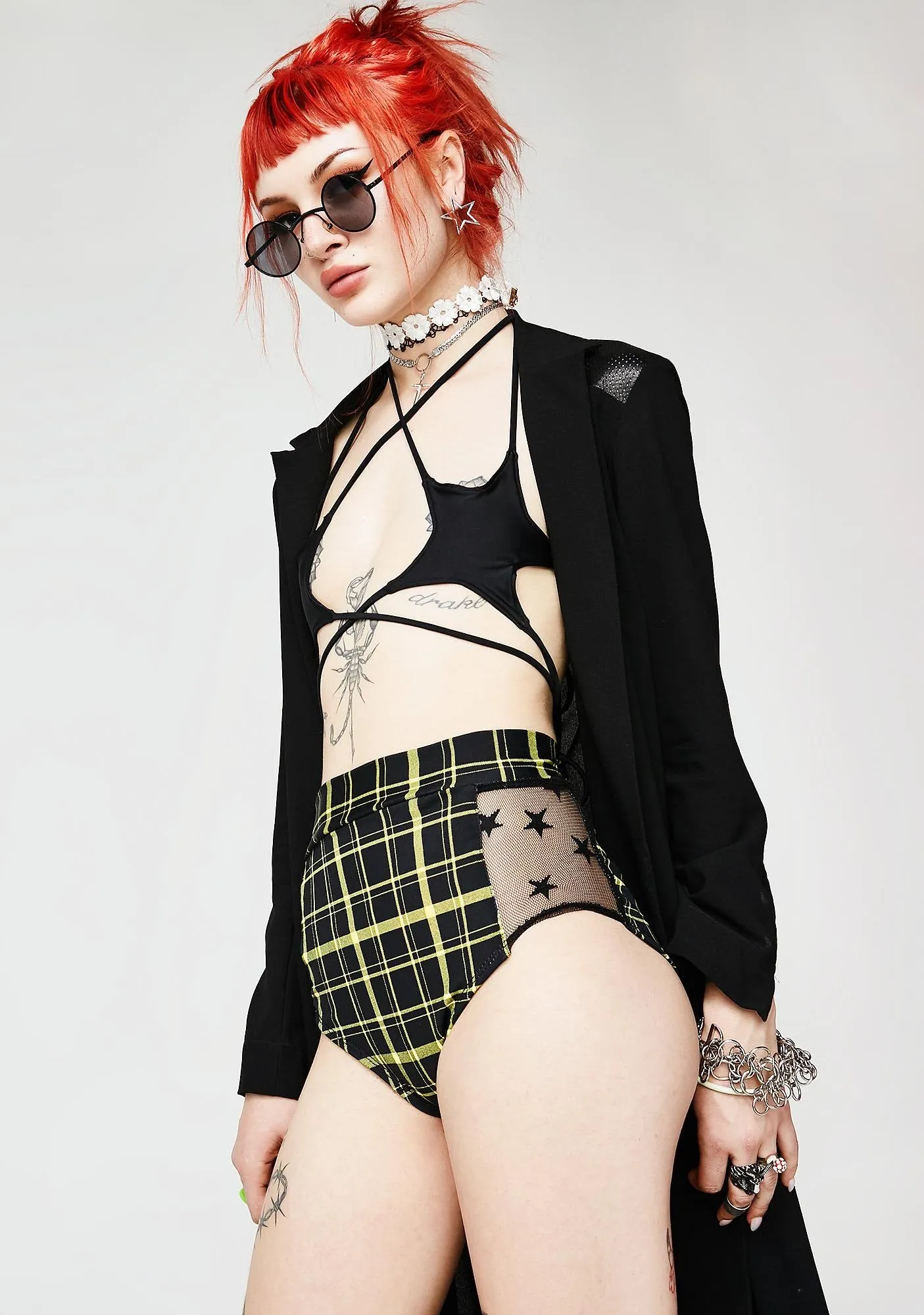 Retro Plaid Highwaist Mesh Panel Cheeky Shorts in Black and Yellow