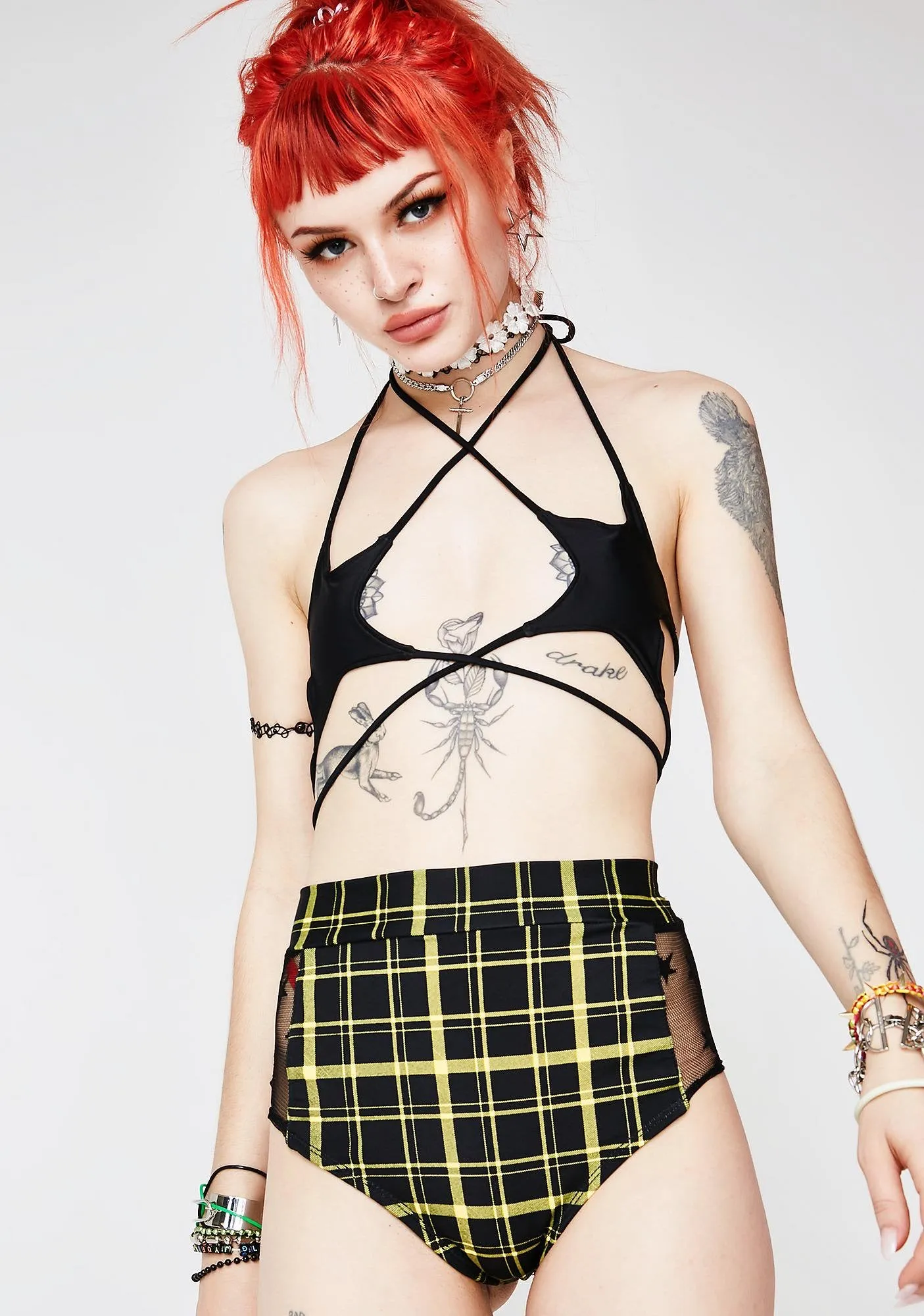 Retro Plaid Highwaist Mesh Panel Cheeky Shorts in Black and Yellow