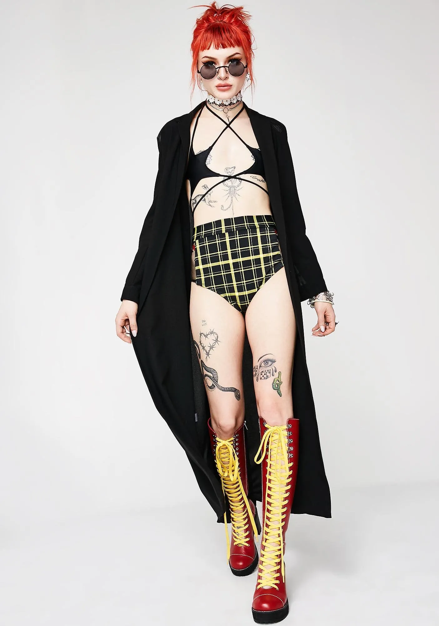 Retro Plaid Highwaist Mesh Panel Cheeky Shorts in Black and Yellow