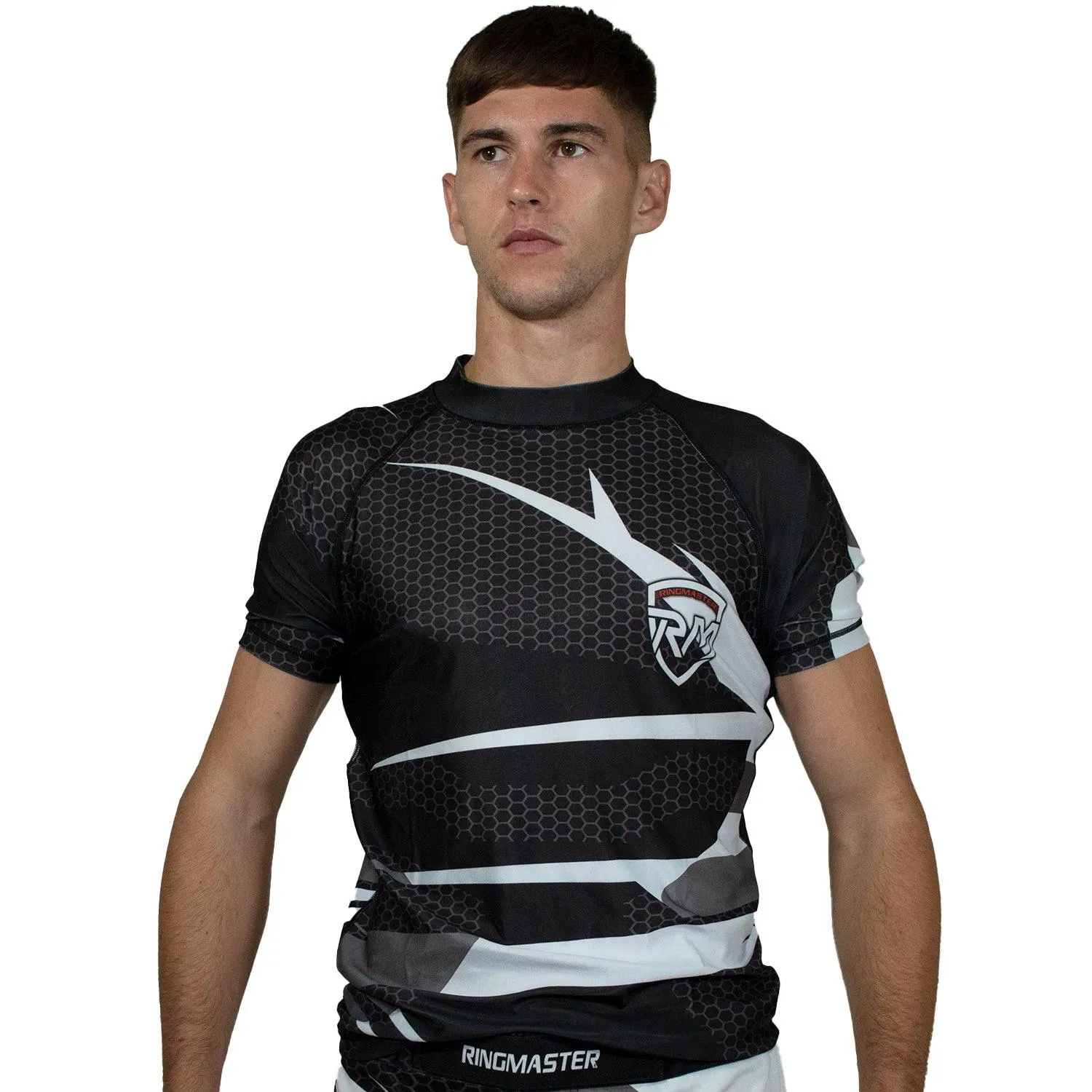 RingMaster Sports Half Sleeve Rash Guard Warrior Series Black White Stripes