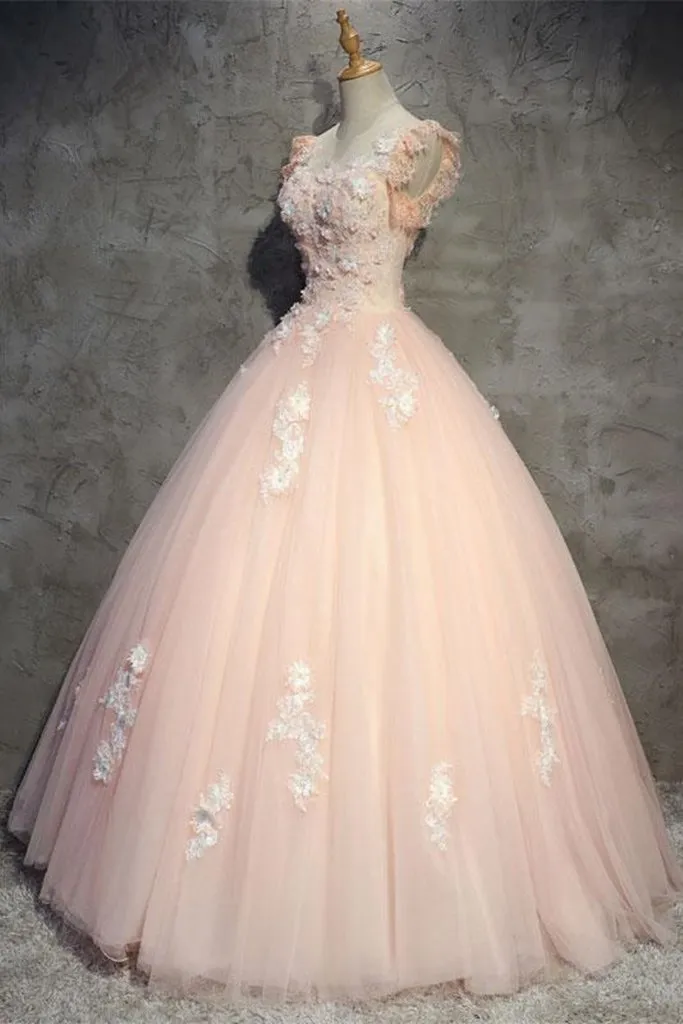 Round Neck Cap Sleeves Lace Pink Long Prom Dress, Pink Lace Formal Dress, Pink Evening Dress, Ball Gown M3109