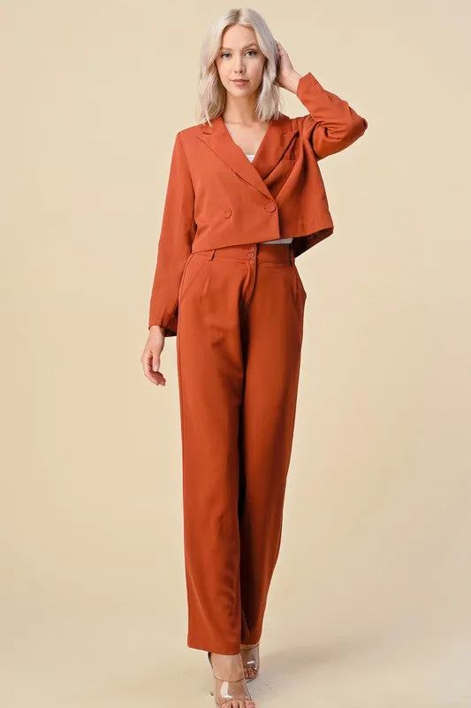 Rust Cropped Blazer Dress Suits Set