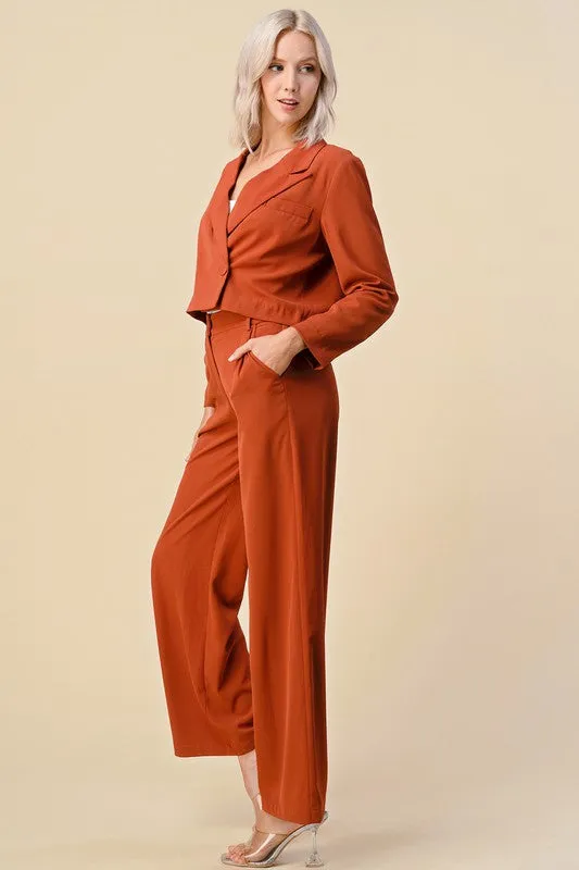 Rust Cropped Blazer Dress Suits Set