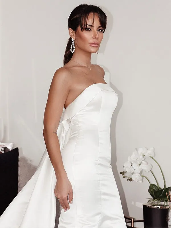 Sheath/Column Satin Ruffles Strapless Sleeveless Court Train Wedding Dresses