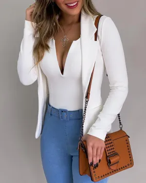 Solid Bodysuit &Long Sleeve Blazer Coat Set