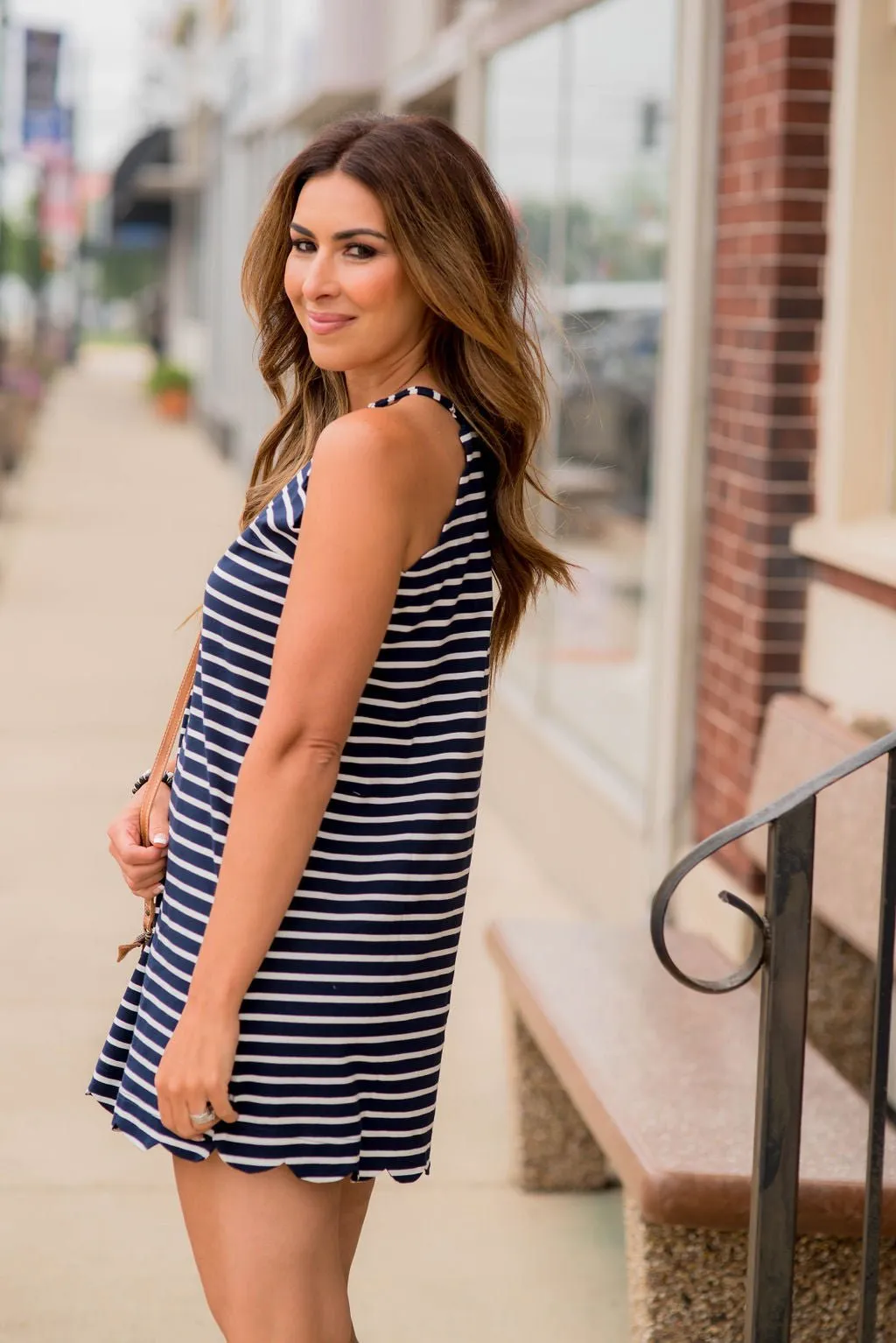 Striped Scalloped Trim Halter Tank Dress