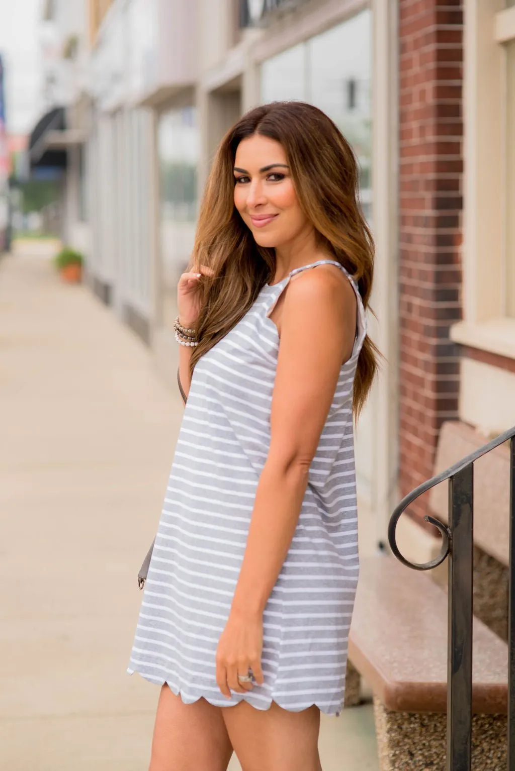 Striped Scalloped Trim Halter Tank Dress