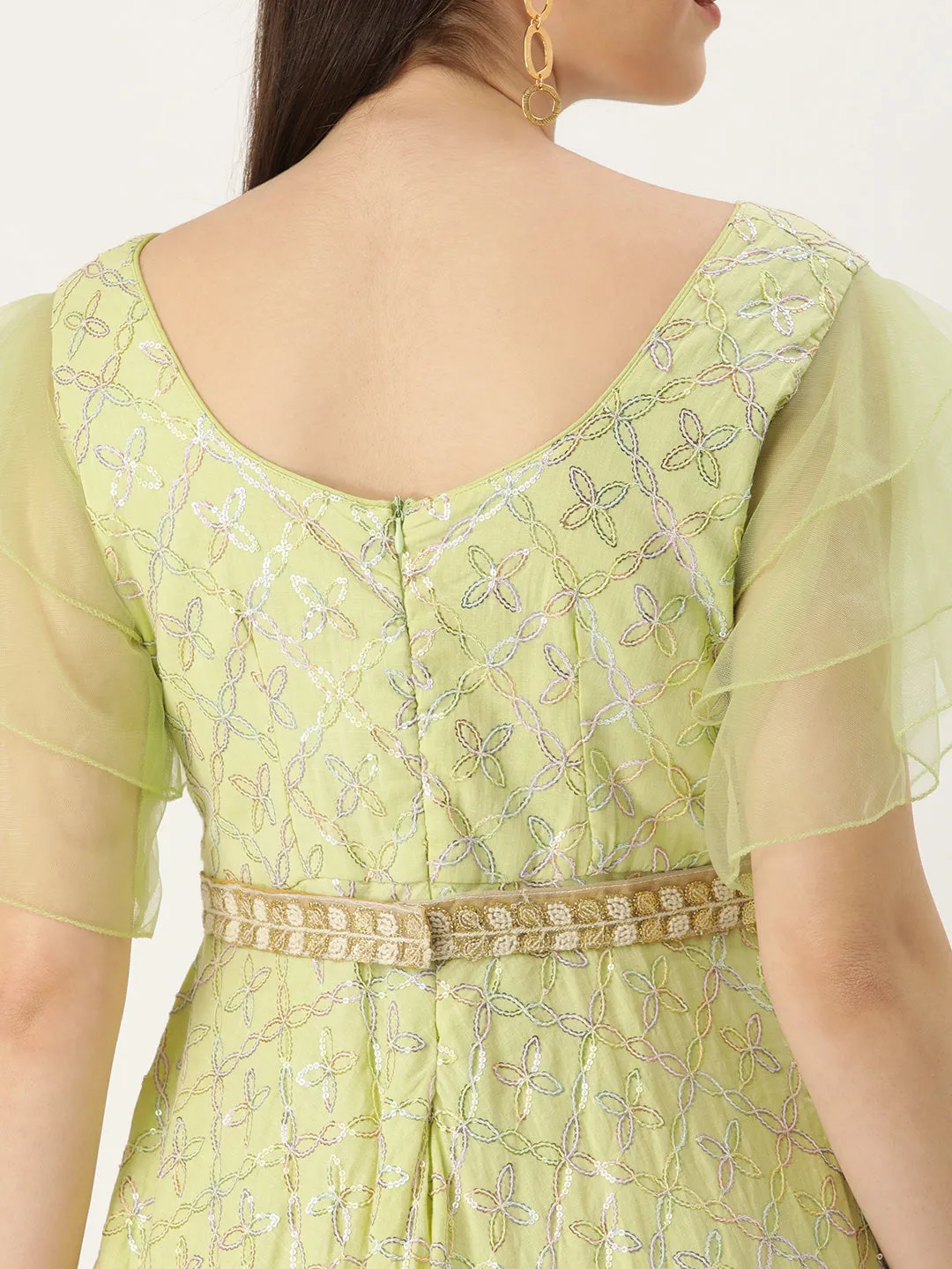 Tea Green Sequined Gown with Large Flirty Sleeves