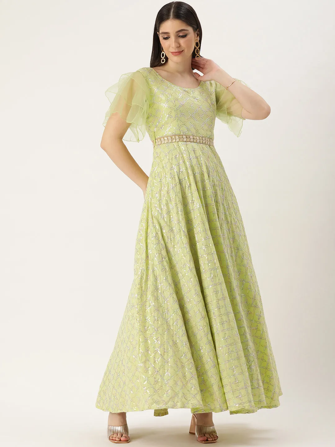 Tea Green Sequined Gown with Large Flirty Sleeves