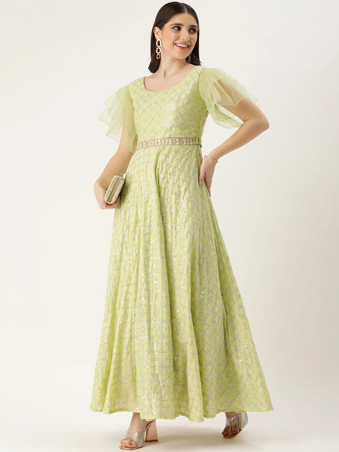 Tea Green Sequined Gown with Large Flirty Sleeves