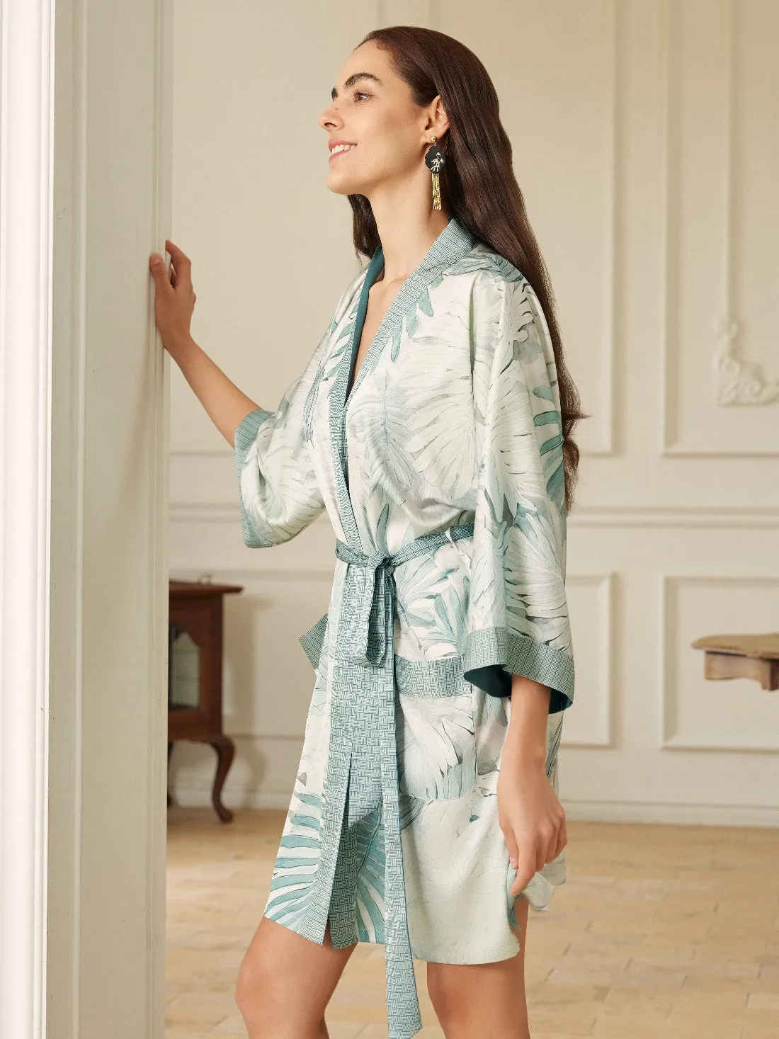 Tropical Palm Leaf Short Robe with Pockets