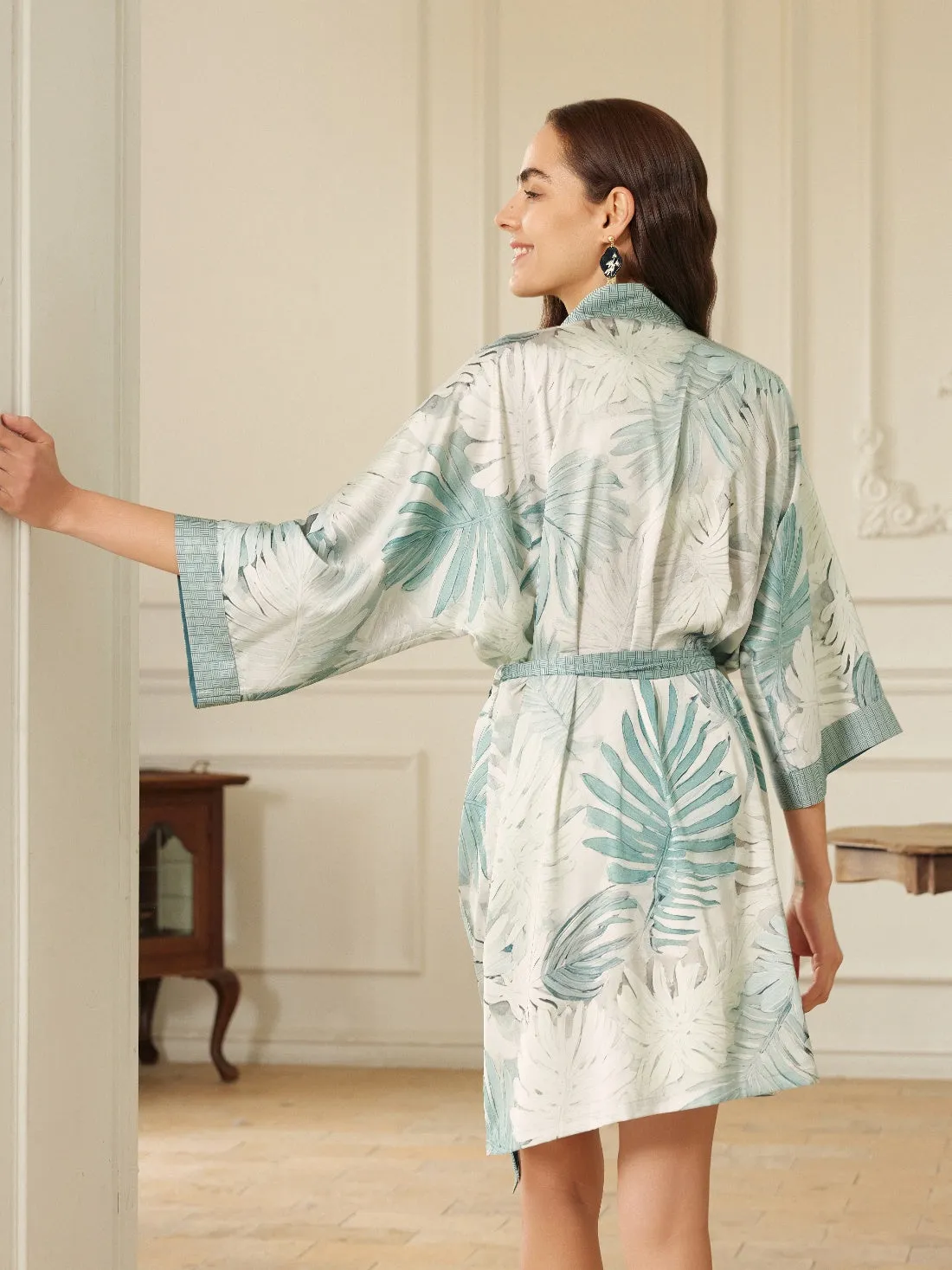 Tropical Palm Leaf Short Robe with Pockets