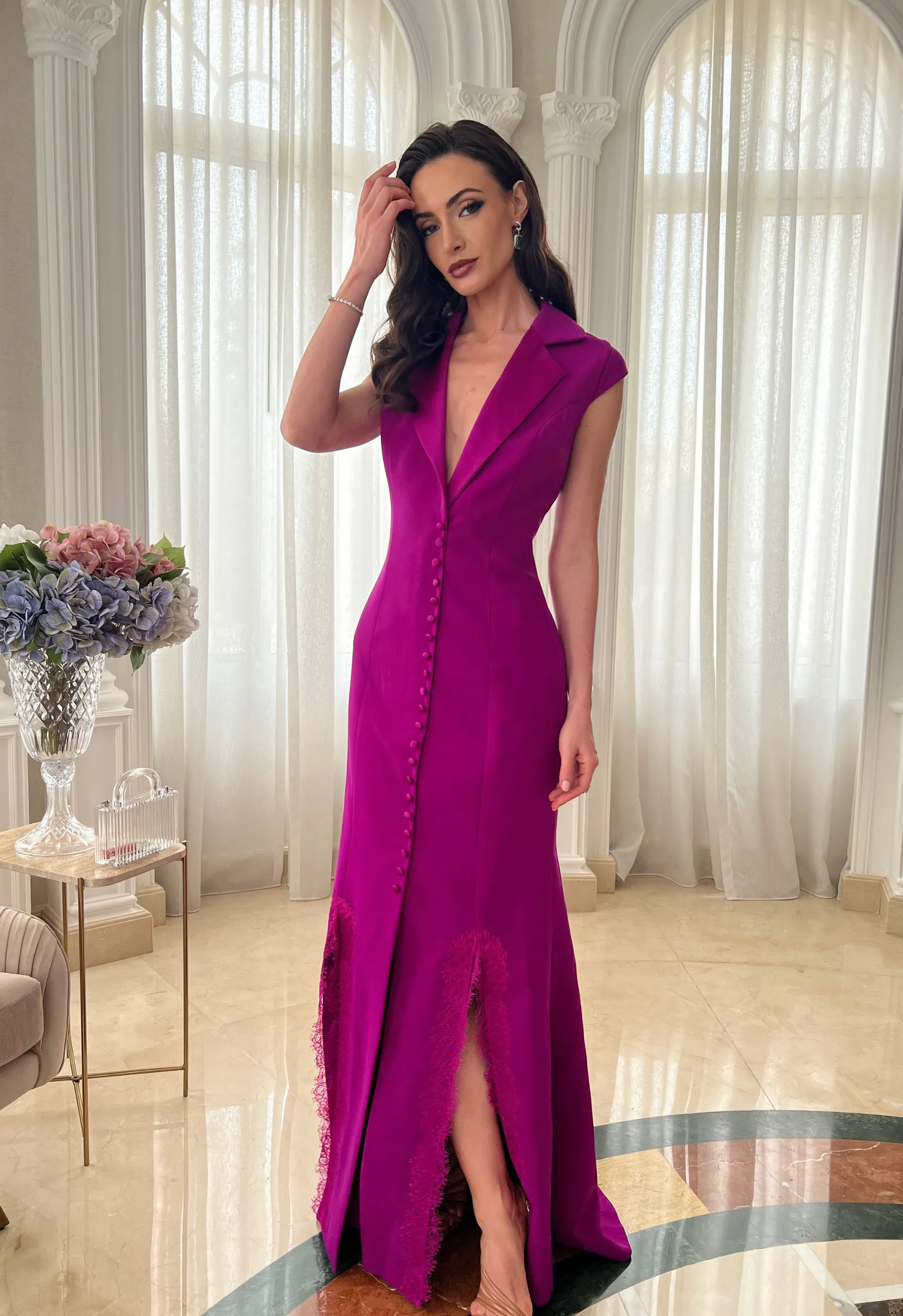 Tuxedo dress in crepe and lace