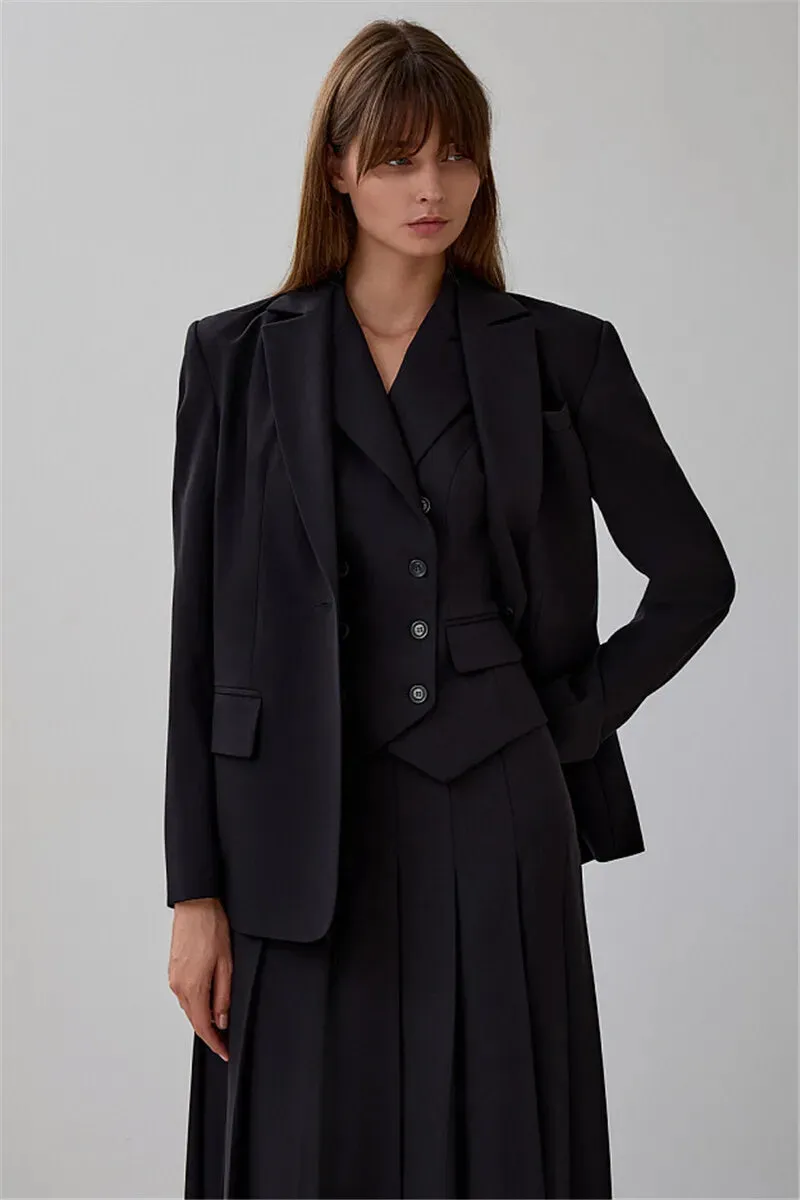 Two Piece Set Blazer Breasted Vest & High Waist Slit Skirt